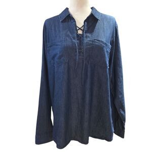 Faded Glory Women's Top Cotton Blue Denim Lace Up Long Sleeve Shirt‎ Size XL